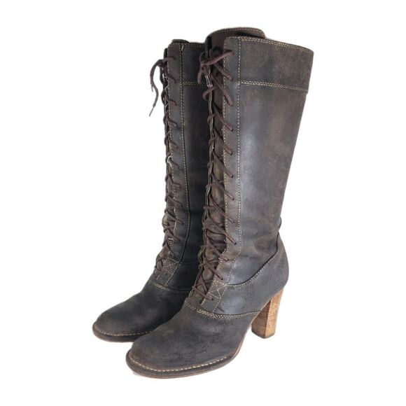 FRYE Women's VTG VILLAGER US8,5M Brown Leather suede Heels LaceUp Zip Tall Boots - Picture 1 of 16